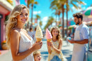 Femme souriante tenant des glaces italiennes vanille et fraise avec ses enfants dans une rue ensoleillée, devant un vendeur en tablier blanc