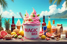 Photo réaliste de Magic Mix sur une table en bois au bord de la plage, entouré d’ingrédients variés (fruits, sirops, sodas, lait, café, liqueurs). 