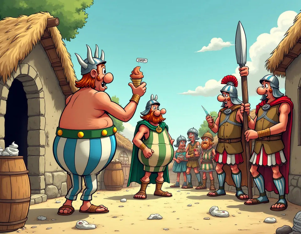 Scène de village cartoon dans Astérix illustrant une histoire givrée avec glace gauloise.