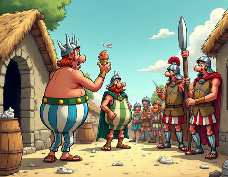 Scène de village cartoon dans Astérix illustrant une histoire givrée avec glace gauloise.