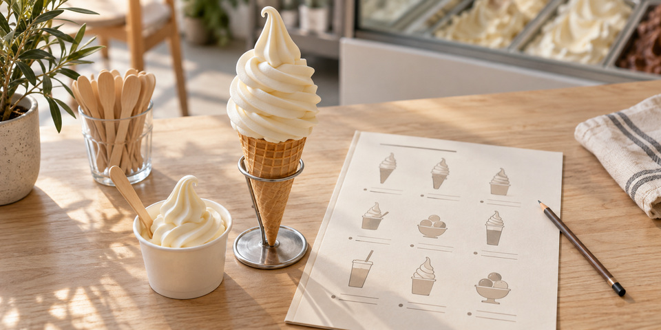 Illustration d’une carte de glaces avec un cornet et un pot de glace italienne