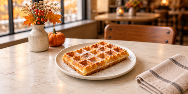 Illustration d’une gaufre dorée au sucre glace, servie sur une assiette dans un décor d’automne.