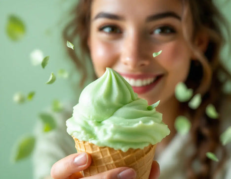 Glace italienne maison verte dans un cornet, idéale pour un neutre sundae.