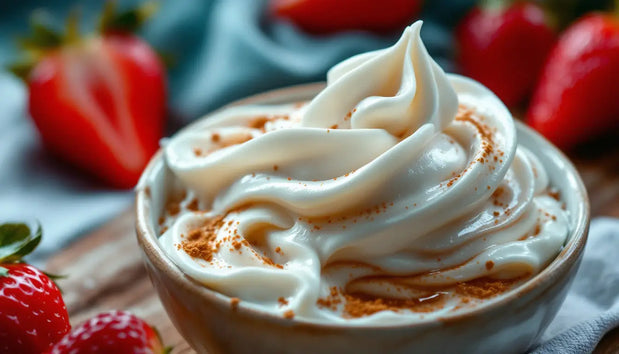 Bol de yogourt crémeux avec une glace torsadée au yogourt, garnie de fruits frais.