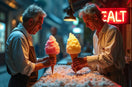 Deux hommes tenant des cornets de glace à l’italienne colorés, symbole de la tradition.