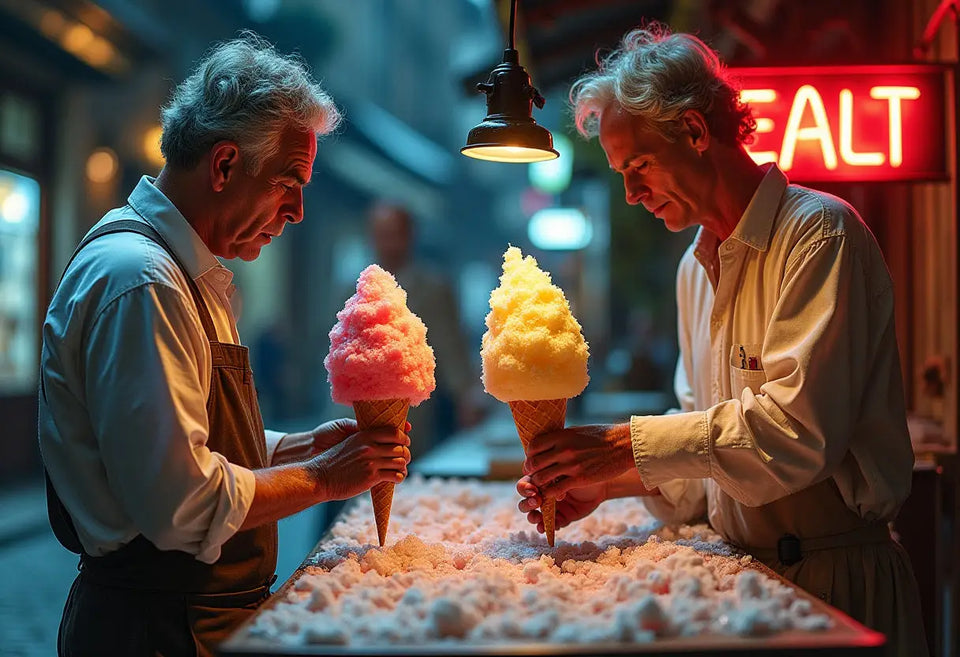 Deux hommes tenant des cornets de glace à l’italienne colorés, symbole de la tradition.