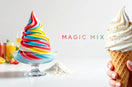 Magic Mix - Base polyvalente pour glaces italiennes multi-saveurs avec texte de marque, montrant des glaces colorées et ingrédients variés, fabrication française