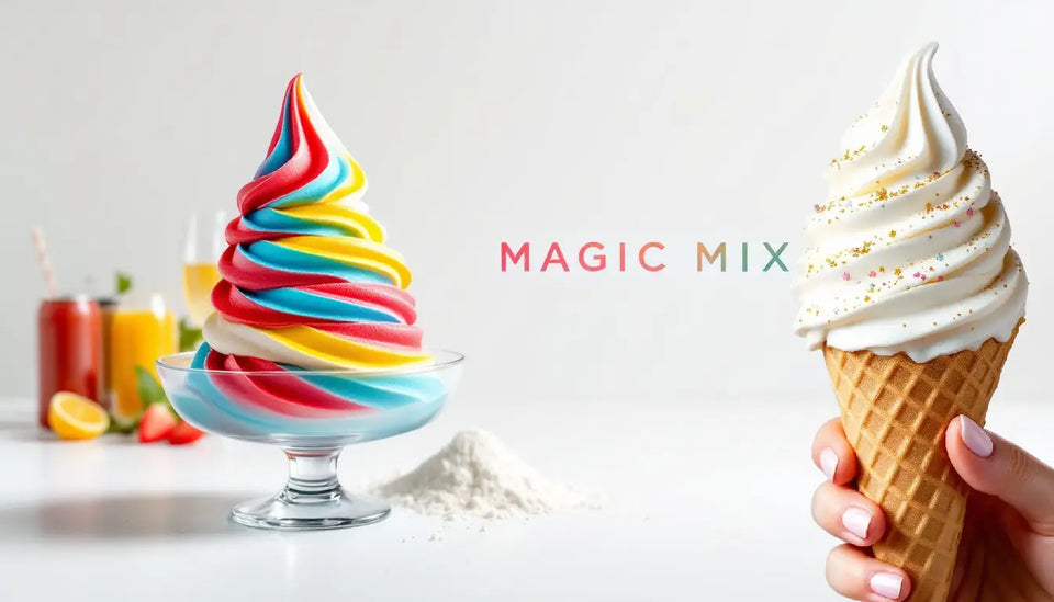 Magic Mix - Base polyvalente pour glaces italiennes multi-saveurs avec texte de marque, montrant des glaces colorées et ingrédients variés, fabrication française