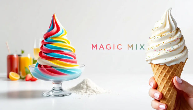 Magic Mix - Base polyvalente pour glaces italiennes multi-saveurs avec texte de marque, montrant des glaces colorées et ingrédients variés, fabrication française