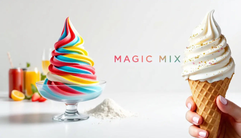 Magic Mix - Base polyvalente pour glaces italiennes multi-saveurs avec texte de marque, montrant des glaces colorées et ingrédients variés, fabrication française