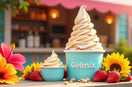 Illustration estivale d’un stand professionnel de glace italienne avec machine Gelmix, fleurs colorées et fruits frais