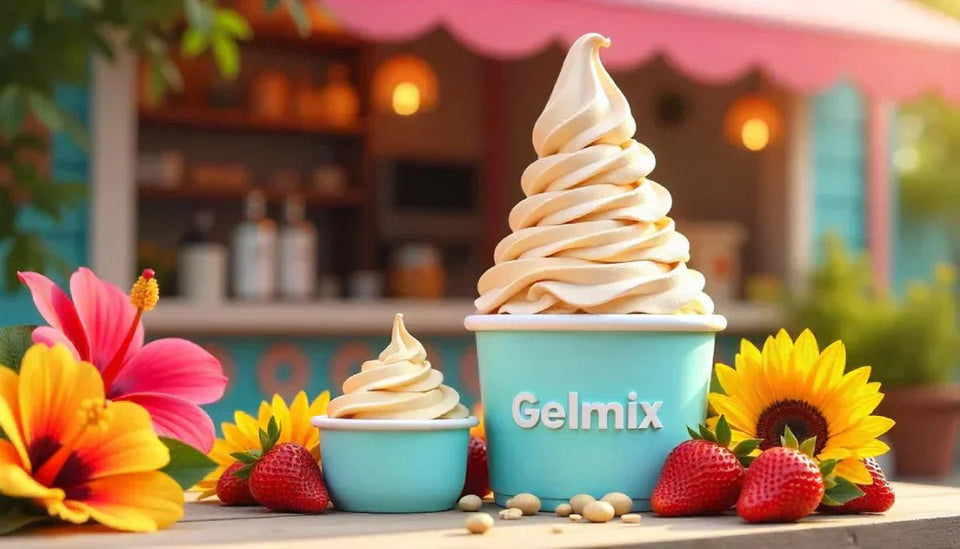 Illustration estivale d’un stand professionnel de glace italienne avec machine Gelmix, fleurs colorées et fruits frais