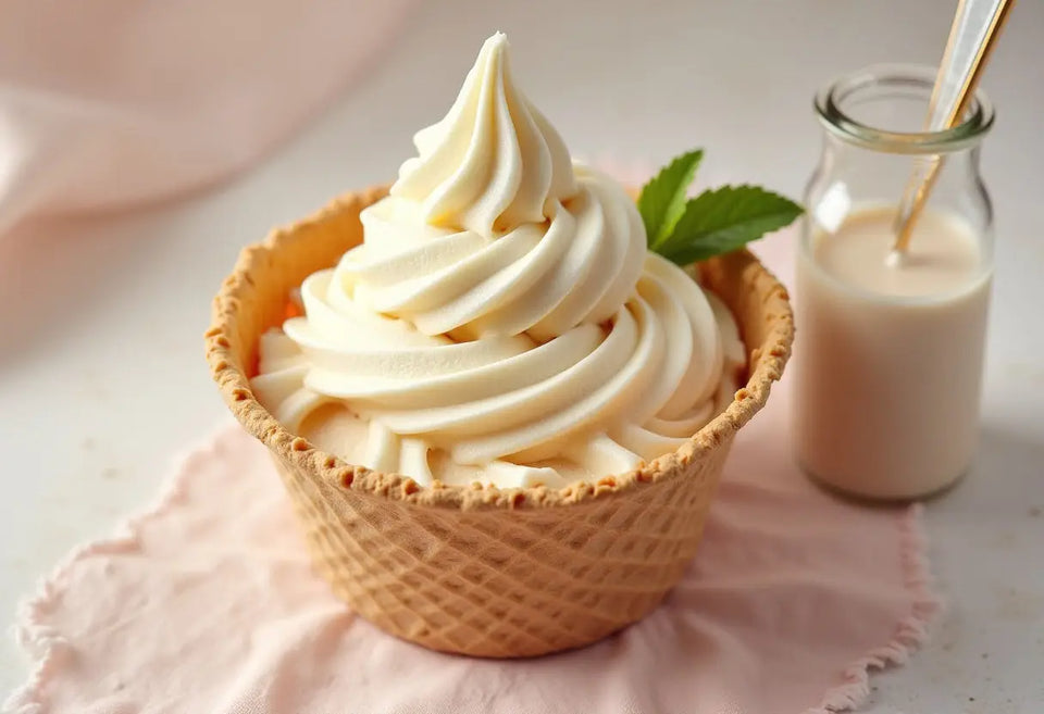 Swirled soft-serve ice cream in a waffle cup, idéale pour une glace italienne crémeuse.