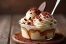 Glace tiramisu maison bicolore servie en coupe, avec cacao et copeaux de chocolat