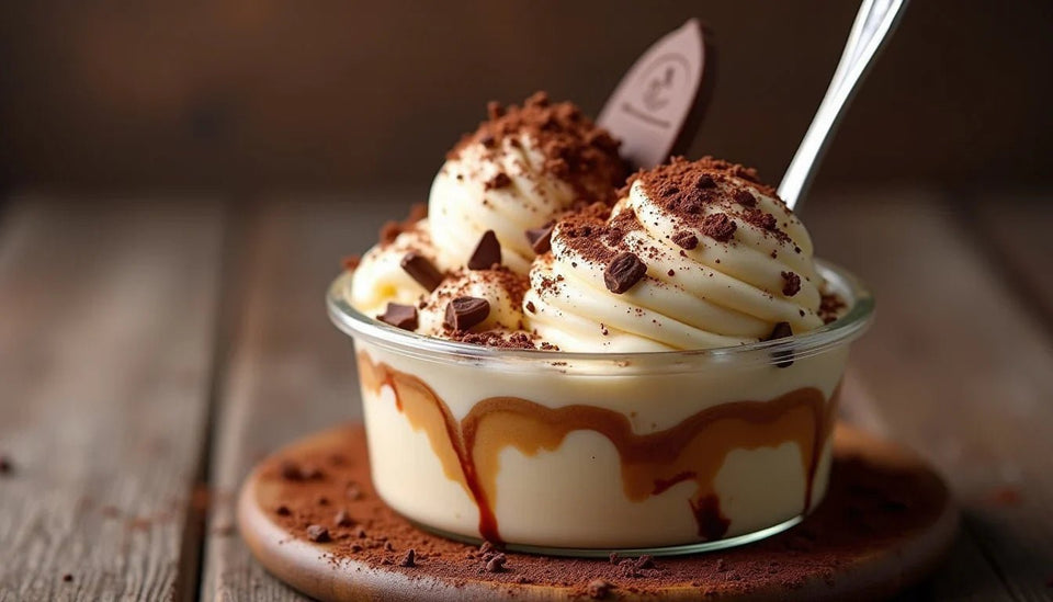 Glace tiramisu maison bicolore servie en coupe, avec cacao et copeaux de chocolat