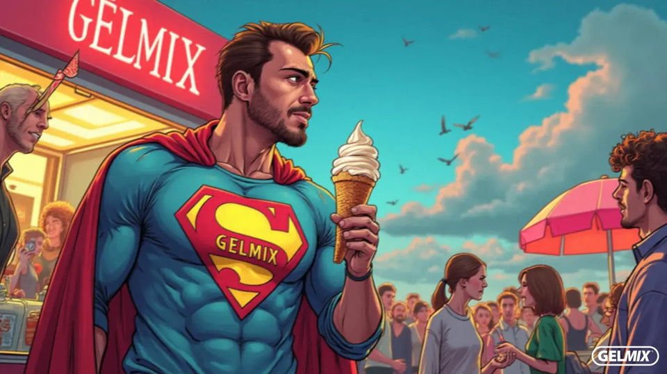 Super Gelmix, le héros de la glace italienne, sert une glace vanille ultra-crémeuse avec fierté, sous les regards émerveillés de ses clients.