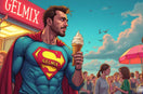 Super Gelmix, le héros de la glace italienne, sert une glace vanille ultra-crémeuse avec fierté, sous les regards émerveillés de ses clients.