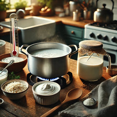 Processus de fabrication de yogourt maison, avec du lait chauffé et un pot de yogourt ajouté pour créer la base, dans une cuisine chaleureuse et rustique.