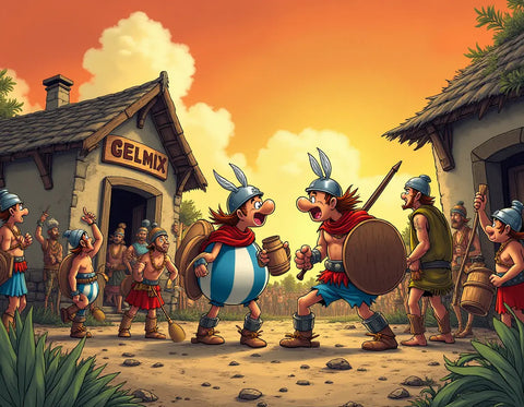 Illustration BD style Astérix représentant deux guerriers gaulois en plein débat devant une maison nommée Gelmix, avec des Romains intrigués en arrière-plan.