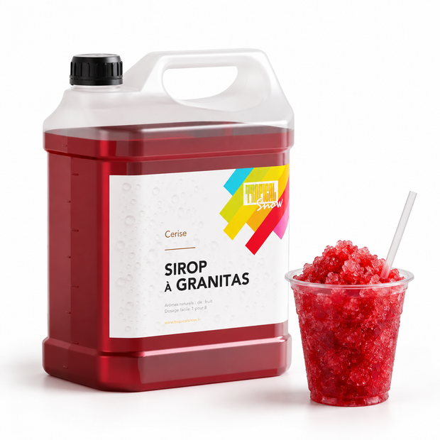 Sirop à granita Cerise, bidon 5 L et granité rouge — visuel de présentation