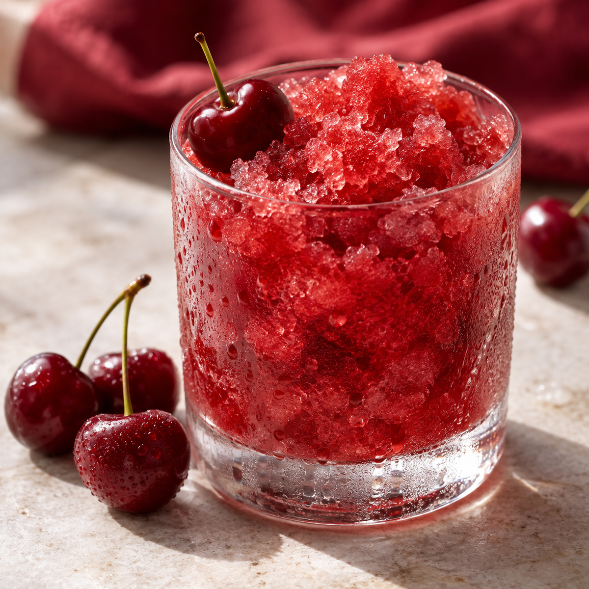 Granité rouge cerise en gros plan, avec des cerises — illustration du parfum