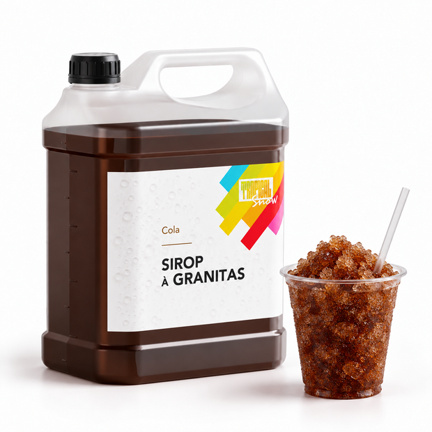 Sirop à granita Cola, bidon 5 L et granité — visuel de présentation