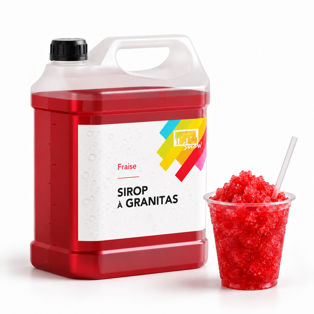 Sirop à granita Fraise, bidon 5 L et granité — visuel de présentation