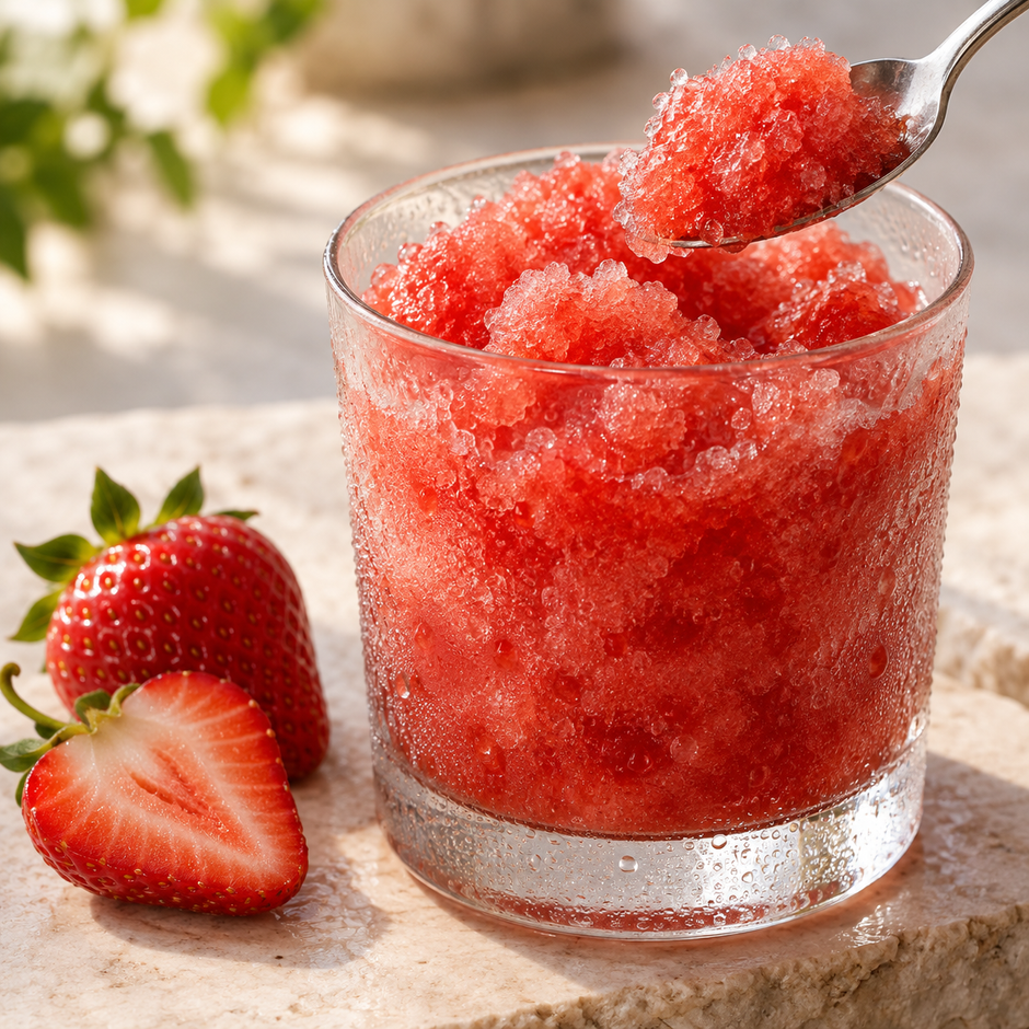 Granité rouge fraise et cuillère de glace pilée, avec des fraises — illustration du parfum
