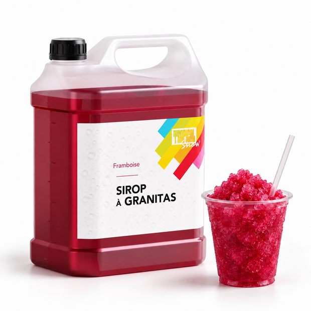 Sirop à granita Framboise, bidon 5 L et granité — visuel de présentation