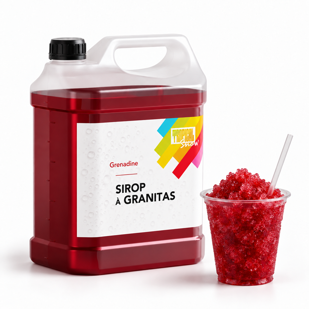 Sirop à granita Grenadine, bidon 5 L et granité — visuel de présentation