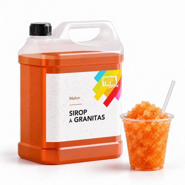Sirop à granita Melon, bidon 5 L et granité — visuel de présentation
