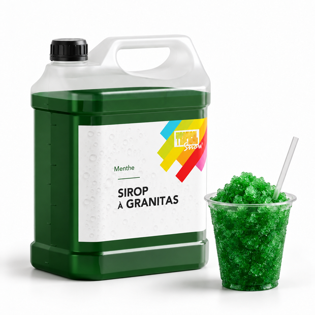Sirop à granita Menthe, bidon 5 L et granité — visuel de présentation