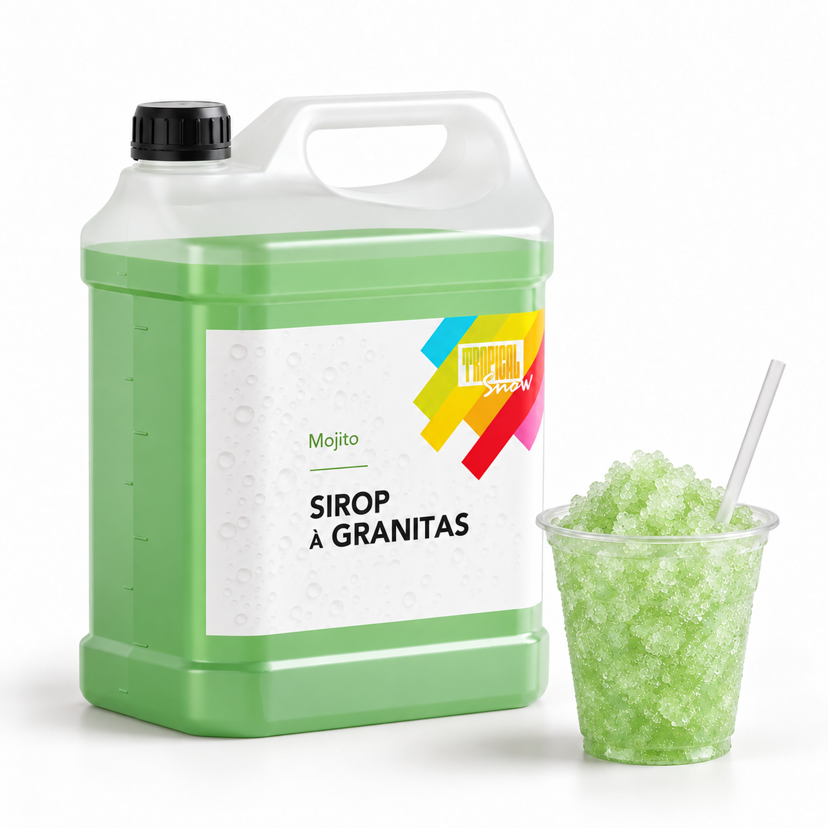 Sirop à granita Mojito, bidon 5 L et granité — visuel de présentation