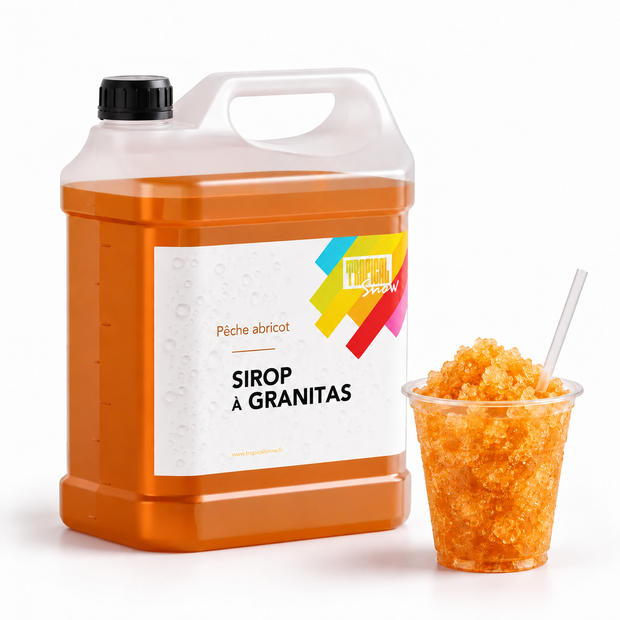 Sirop à granita Pêche abricot, bidon 5 L et granité — visuel de présentation
