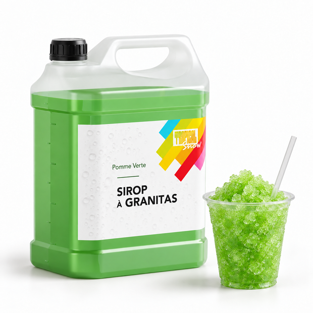 Sirop à granita Pomme Verte, bidon 5 L et granité — visuel de présentation