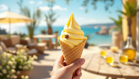 Glace italienne au pastis servie en cornet, avec une étoile d’anis, sur une terrasse ensoleillée en Provence.