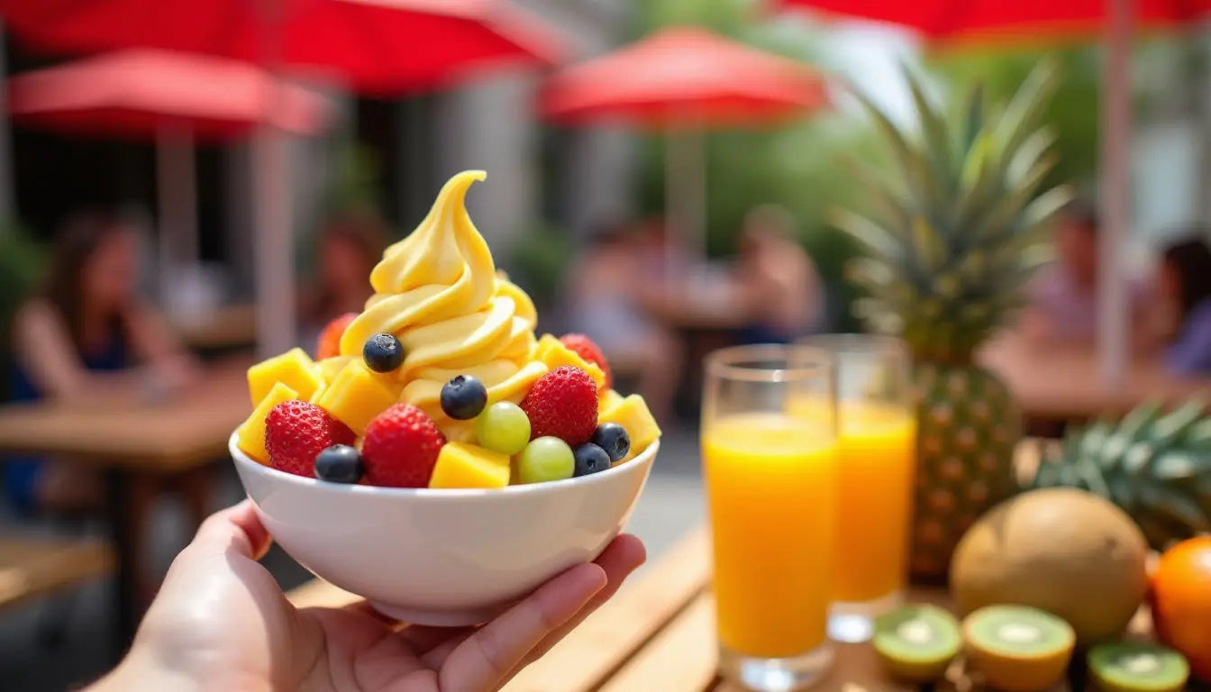Main tenant une glace italienne torsadée aux saveurs d’orange, fraise et mangue dans un cadre estival rafraîchissant.