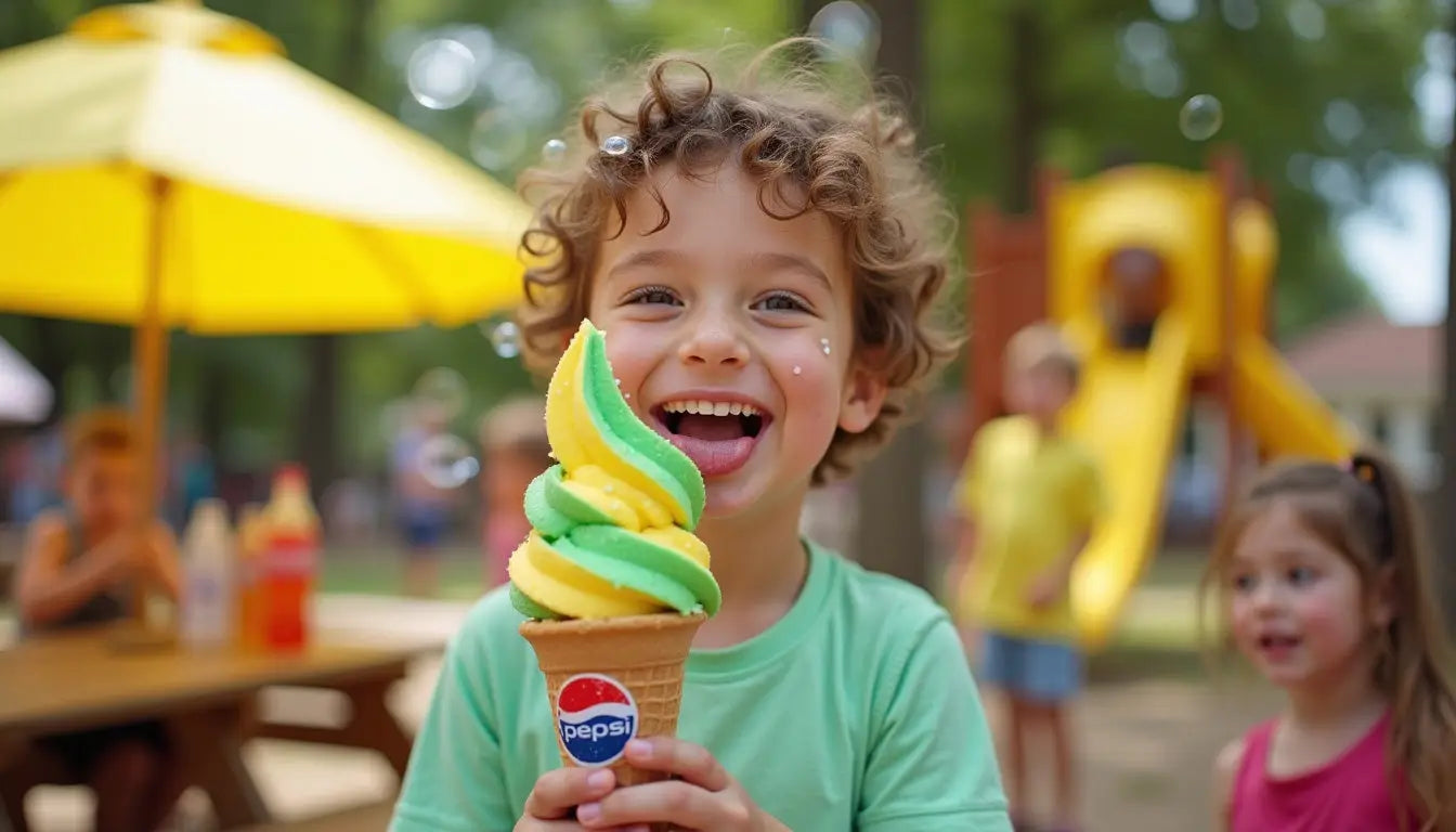 Enfant souriant tenant une glace italienne torsadée aux saveurs de cola et soda citron.