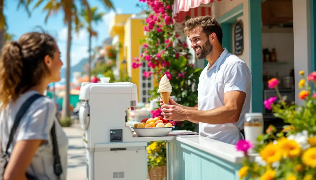 Machine à glace italienne blanche en extérieur, servant un cône vanille dans une rue ensoleillée