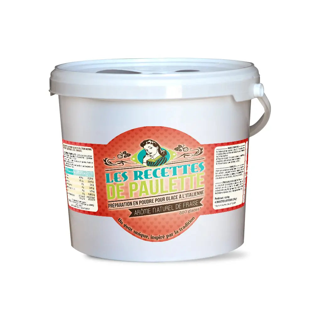 Seau en plastique avec étiquette Les Recettes de Paulette pour glace italienne fraise naturelle