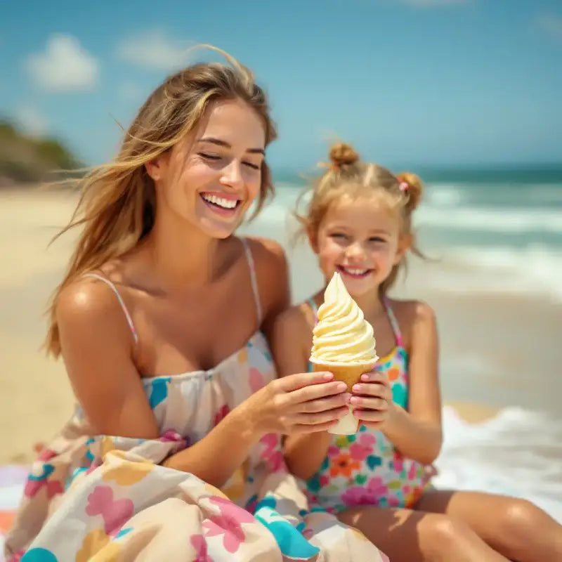 Une mère et sa jeune fille assises sur une serviette de plage, dégustant une glace italienne jaune pâle à la vanille sous un soleil éclatant. Les vagues de l’océan roulent doucement en arrière-plan, créant une ambiance estivale chaleureuse et joyeuse.