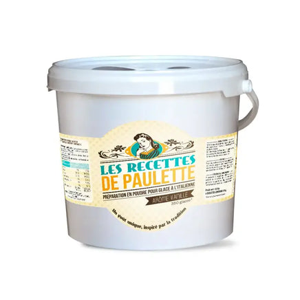 Seau en plastique blanc avec étiquette Les Recettes de Paulette pour glace italienne vanille