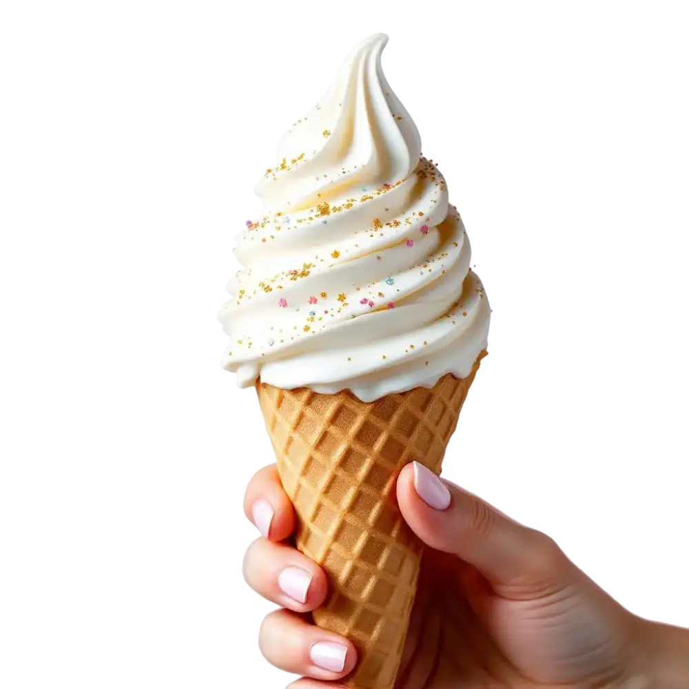 Glace soft blanche au Magic Mix avec paillettes dorées et argentées, effet étincelant, servie dans un cornet biscuit.
