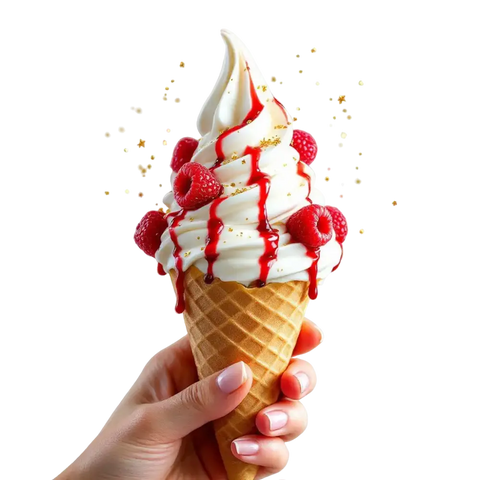 Glace blanche au Mix Neutre avec coulis de fruits, framboises et fraises fraîches, parsemée d’étincelles dorées et argentées.