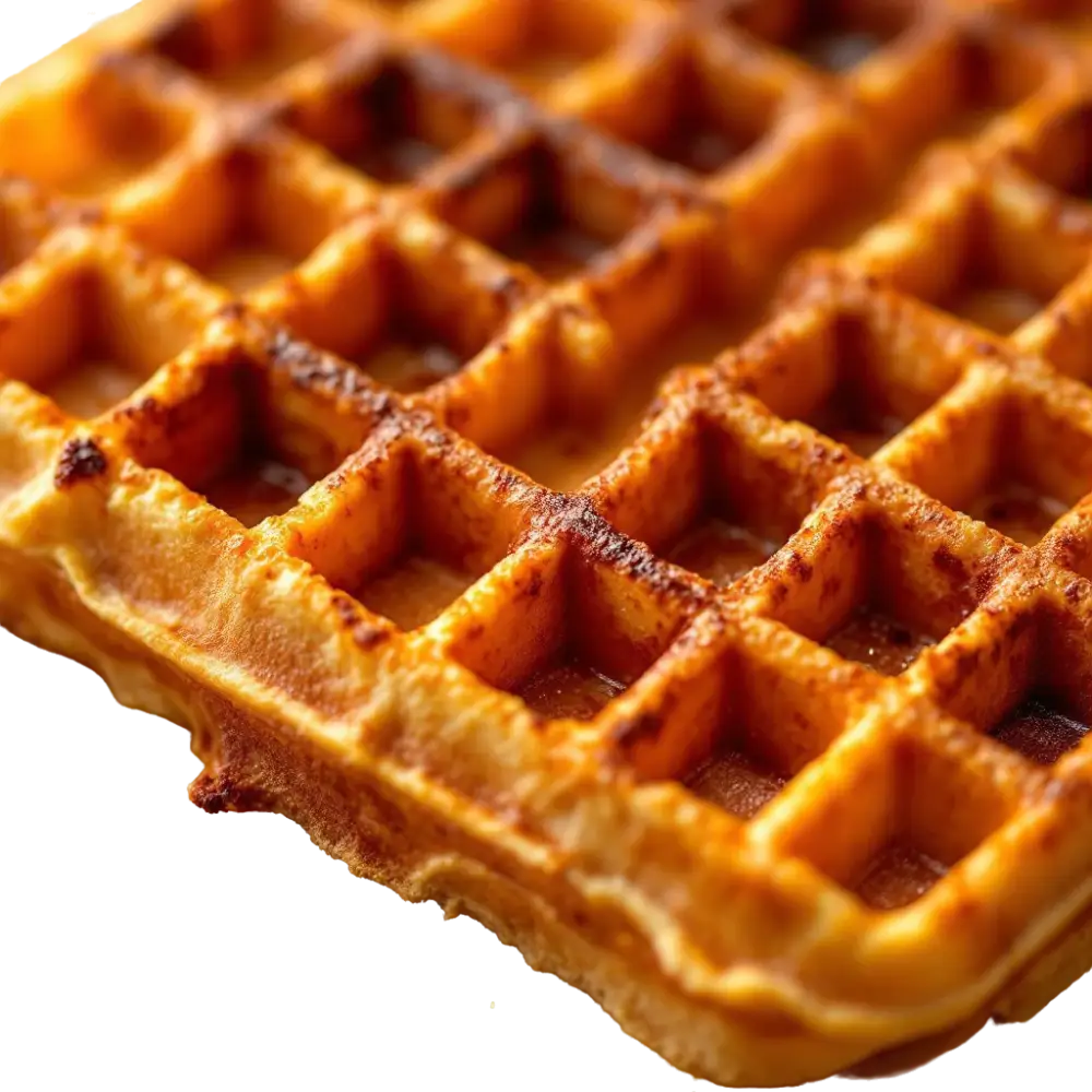 Gaufre de Bruxelles rectangulaire à la cuisson parfaite, dorée avec des bords nets et croustillants.