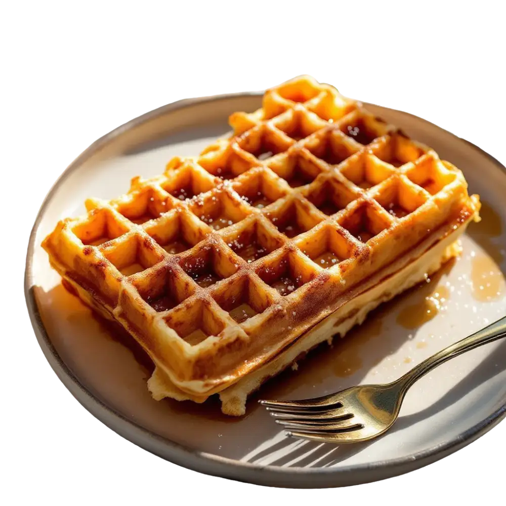 Gaufre de Bruxelles entière, dorée et croustillante, servie sur une assiette dans une présentation appétissante de style
