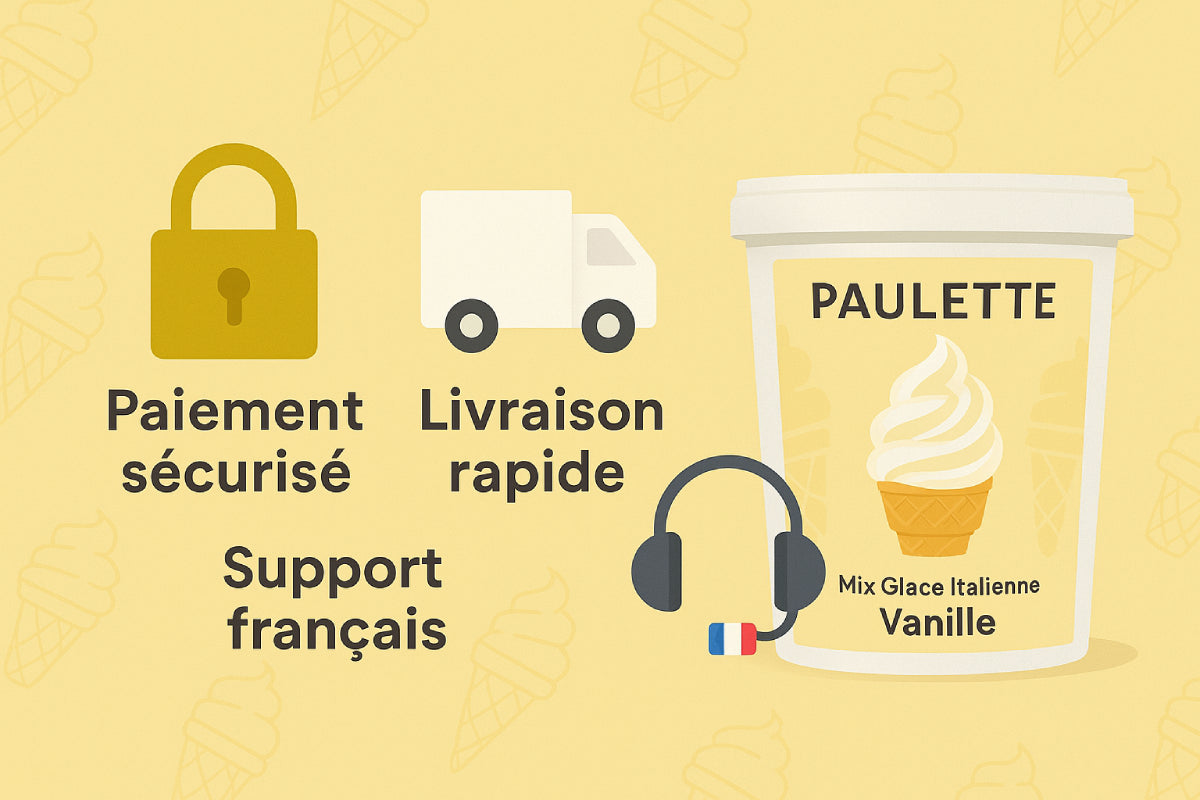 Réassurance visuelle : paiement sécurisé, livraison rapide, support client français pour la glace vanille.
