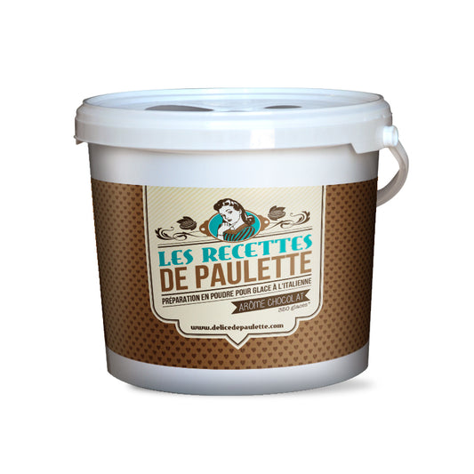 Seau de mix pour glace italienne au chocolat, qualité artisanale.